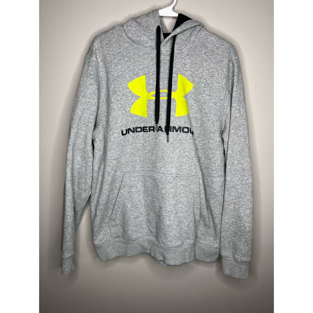 Under Armour Logo Gray & Green Mens Cozy Hooded Drawstring Detail Hoodie Large - Picture 2 of 5